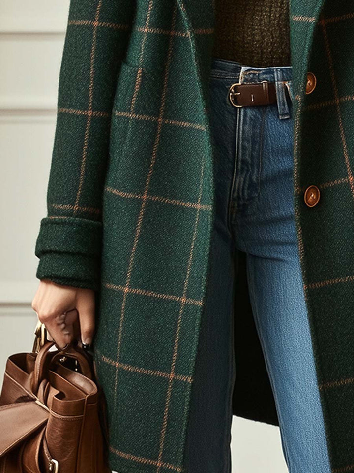 Women's Retro Lapel Plaid Tweed-Coat